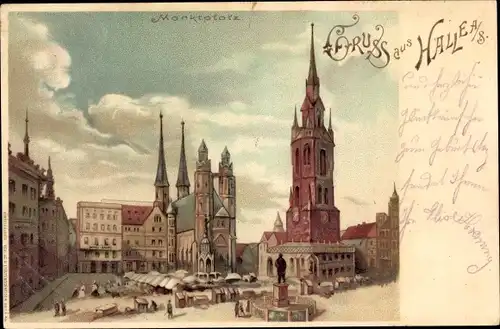 Litho Halle an der Saale, Marktplatz, Kirche, Turm
