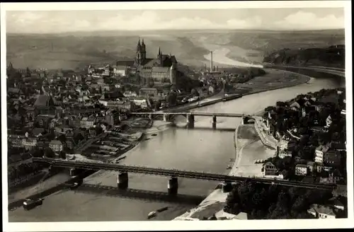 Ak Meißen in Sachsen, Blick vom Flugzeug auf Ort und Fluss