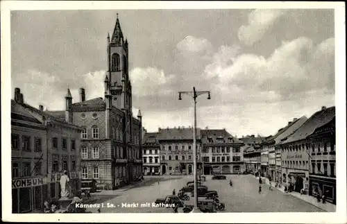 Ak Kamenz in Sachsen, Markt mit Rathaus, Denkmal