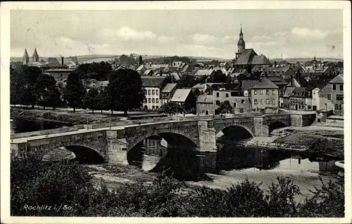 Ak Rochlitz an der Mulde, Muldebrücke, Blick über die Dächer der Stadt, Kirche