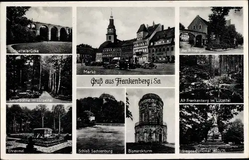 Ak Frankenberg an der Zschopau, Markt, Rittergut, Naturbühne, Lützeltalbrücke, Bismarckturm, Denkmal