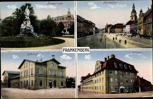 Ak Frankenberg an der Zschopau Sachsen, Friedenspark, Marktplatz, Bahnhof, Train Kaserne