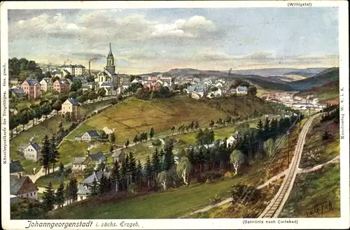 Künstler Ak Johanngeorgenstadt im Erzgebirge, Bahnlinie nach Carlsbad, Panorama