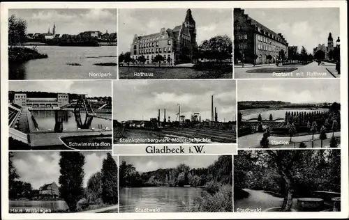 Ak Gladbeck Westfalen, Nordpark, Steinkohlenbergwerk Möller Schächte, Rathaus, Stadion, Stadtwald