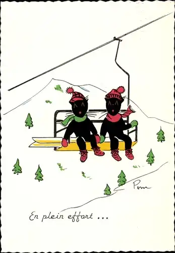 Künstler Ak En plein effort, vermenschlichte Katzen auf einem Sessellift