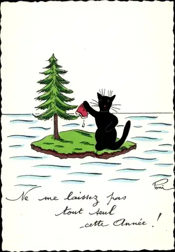 Künstler Ak Ne me laissez pas tout seul, vermenschlichte Katze auf einer einsamen Insel