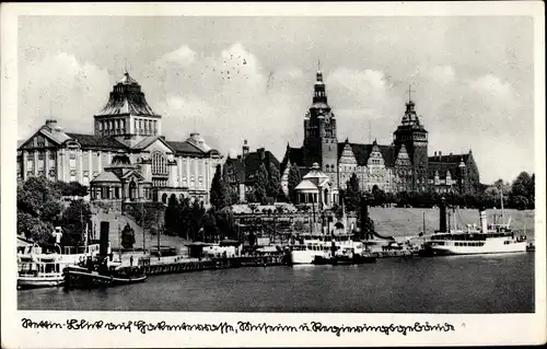 Ak Szczecin Stettin Pommern, Hakenterrasse, Museum, Regierungsgebäude