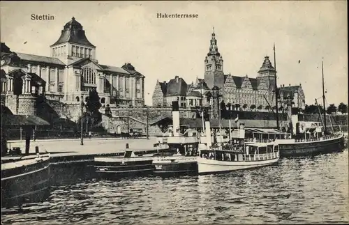 Ak Szczecin Stettin Pommern, Hakenterrasse, Dampfer