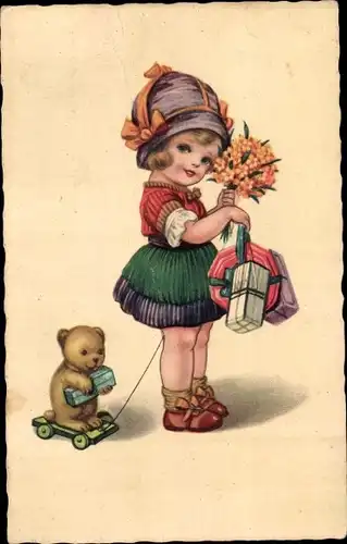Ak Mädchen mit Blumenstrauß und Geschenken, Teddy auf Rollen