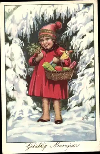 Künstler Ak Collino, A., Mädchen mit Geschenken und Puppe