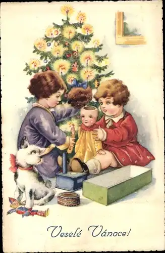Künstler Ak Kotysan, Glückwunsch Weihnachten, Tannenbaum, Kinder, Geschenke, Puppe