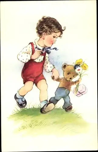Ak Kind mit Teddy, Blumen, Geschenk