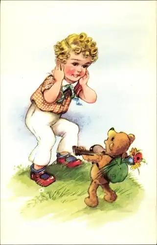 Ak Kind mit Teddy, Gitarre, Rucksack