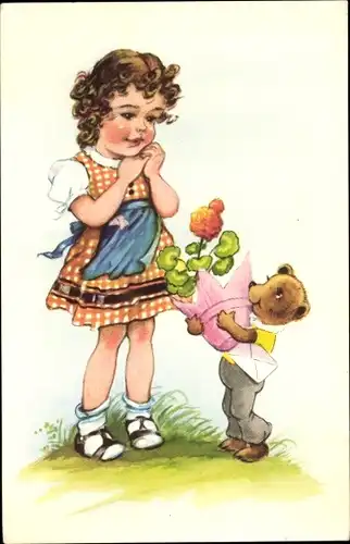 Ak Mädchen mit Teddy, Wiese, Blumen