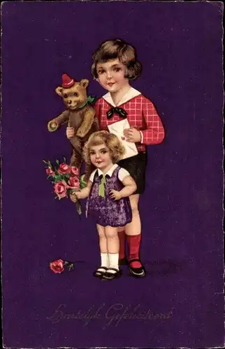 Ak Glückwunsch Geburtstag, Kinder mit Blumenstrauß und Teddy