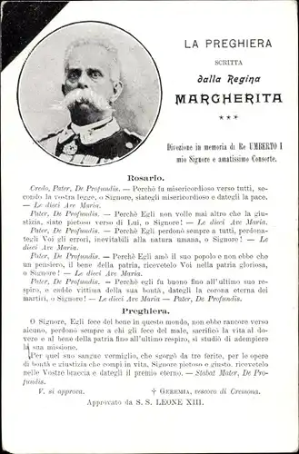 Ak König Umberto I., Italien, Portrait, La Preghiera scritta dalla Regina Margherita
