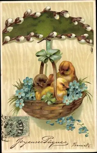 Präge Litho Glückwunsch Ostern, Küken in einem Korb, Weidenkätzchen, Vergissmeinnicht