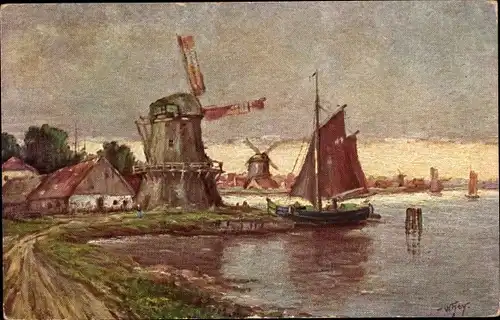 Künstler Ak Hoy, W., Mühle am Hafen, Mill at the port, Segelboot, Windmühlen