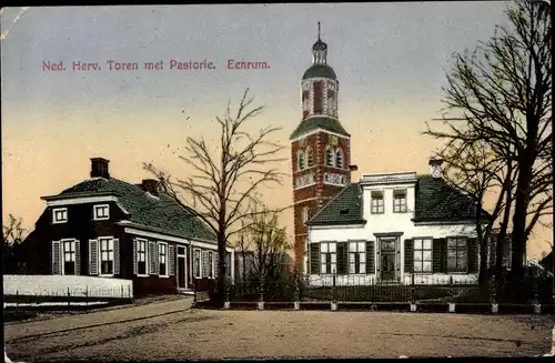 Ak Eenrum Groningen, Ned. Herv. Toren met Pastorie