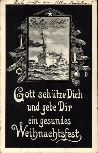 Ak Glückwunsch Weihnachten, Deutsches Kriegsschiff, Gott schütze Dich...