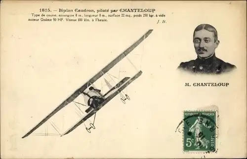 Ak Biplan Caudron, pilote par Chanteloup, Doppeldecker, Portrait