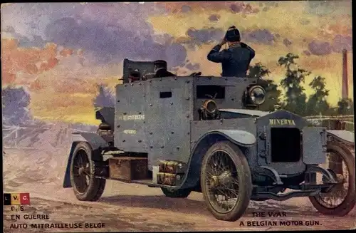 Künstler Ak En Guerre, Auto Mitrailleuse Belge, Belgian Motor Gun, Minerva