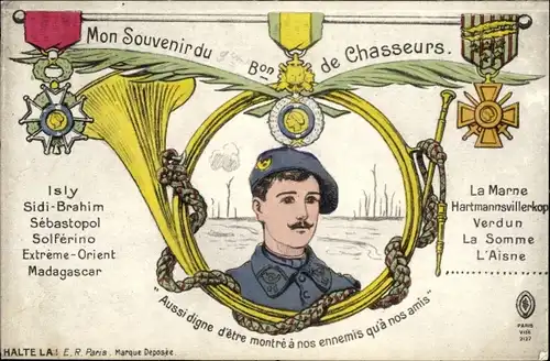 Ak Mon Souvenir du 9eme Bon de Chasseurs, französischer Soldat, Orden