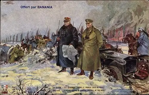 Künstler Ak Generaux Joseph Joffre et Frenchs sur le Front, I. WK, Reklame Banania