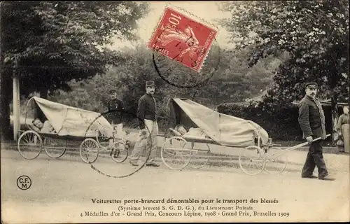 Ak Voiturettes porte brancard demontables pour le transport des blesses, Systeme brevete