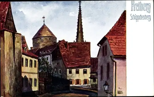 Künstler Ak Freiberg im Kreis Mittelsachsen, Schippchenberg, Donatsturm, Kornblumentag 1913