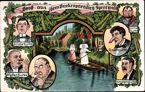 Künstler Ak Gurkenparadies Spreewald, Frauen in Trachten, Männer mit Gurkennasen