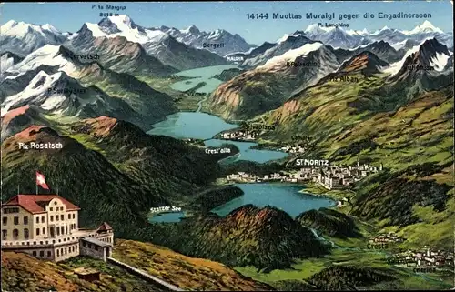 Landkarten Ak Rigi Kulm Kanton Schwyz, Muottas Muraigl gegen die Engadinerseen, Piz Rosatsch