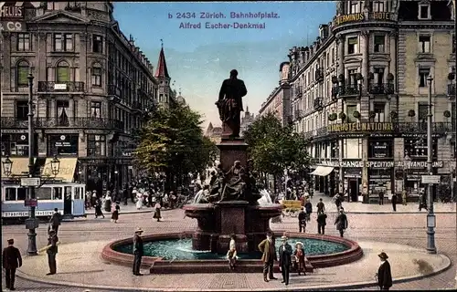 Ak Kanton Zürich, Bahnhofsplatz, Alfred Escher Denkmal
