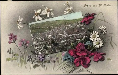 Passepartout Ak Sankt Gallen Stadt Schweiz, Gesamtansicht, Blumen