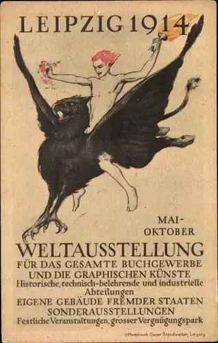 Ak Leipzig, Weltausstellung für das Buchgewerbe 1914, Mann auf schwarzem Greif