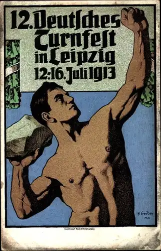 Künstler Ak Treiber, H., 12. Deutsches Turnfest in Leipzig 1913, Mann wirft Stein