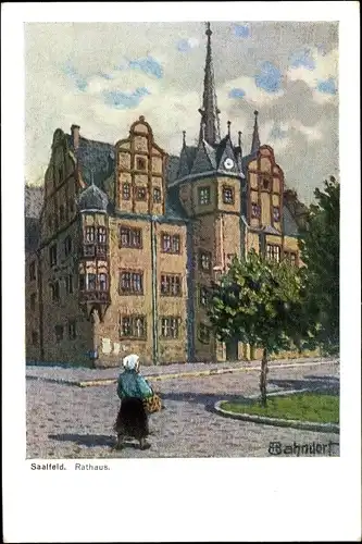 Künstler Ak Bahndorf, Heribert, Saalfeld an der Saale Thüringen, Blick auf das Rathaus