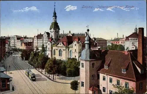 Ak Leipzig in Sachsen, Johannisplatz mit Kirche, Straßenbahn