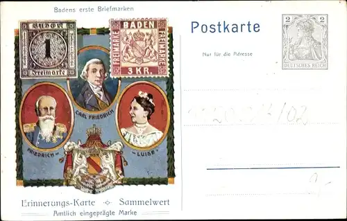 Ganzsachen Ak Badens erste Briefmarken, Friedrich, Luise, Carl Friedrich