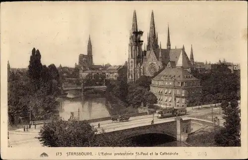 Ak Strasbourg Straßburg Elsass Bas Rhin, L'Eglise protestante St. Paul et la Cathedrale
