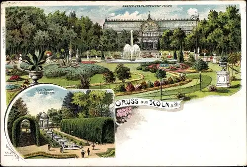 Litho Köln Rhein, Garten Etablissement Flora, Tempel