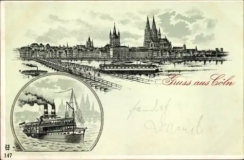 Litho Köln am Rhein, Dampfer, Brücke über den Rhein, Teilansicht der Stadt