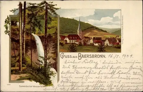 Litho Baiersbronn im Schwarzwald, Senkenbacher Wasserfälle, Blick auf den Ort