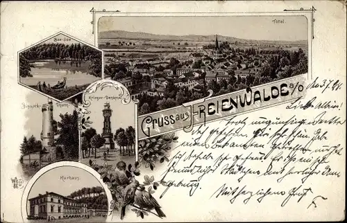 Litho Bad Freienwalde an der Oder, Baa See, Kriegerdenkmal, Kurhaus, Gesamtansicht, Vögel