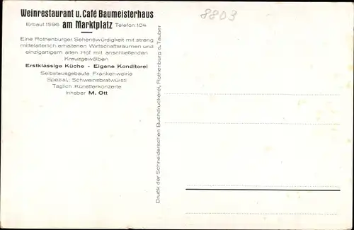 Künstler Ak Rothenburg ob der Tauber Mittelfranken, Gasthaus Baumeister am Marktplatz