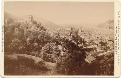 Kabinett Foto Heidelberg am Neckar, Totale mit Schloss, Aussicht von der Terrasse