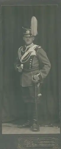 CdV Foto Porträt Deutscher Soldat, sächsischer Ulane, Kaiserreich, Säbel, Federbusch, Chemnitz