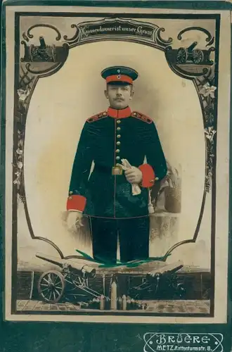 Kabinett Foto Porträt Deutscher Soldat, Kaiserreich, Kanonen, Fotograf Brüere, Metz