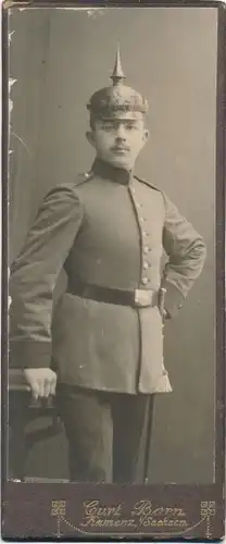 CdV Foto Porträt Deutscher Soldat, Kaiserreich, Pickelhaube, Fotograf Curt Born, Kamenz