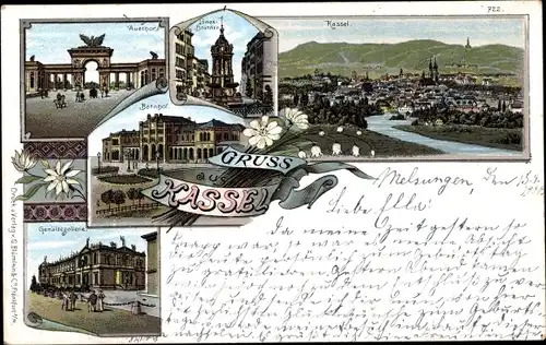 Litho Kassel in Hessen, Ort, Bahnhof, Gemäldegallerie, Löwenbrunnen, Auetor